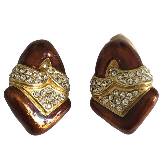 Vintage Clip Earrings Bronze Gold Enamel Rhinestone Crystal Chunky 1980s - Picture 1 of 8